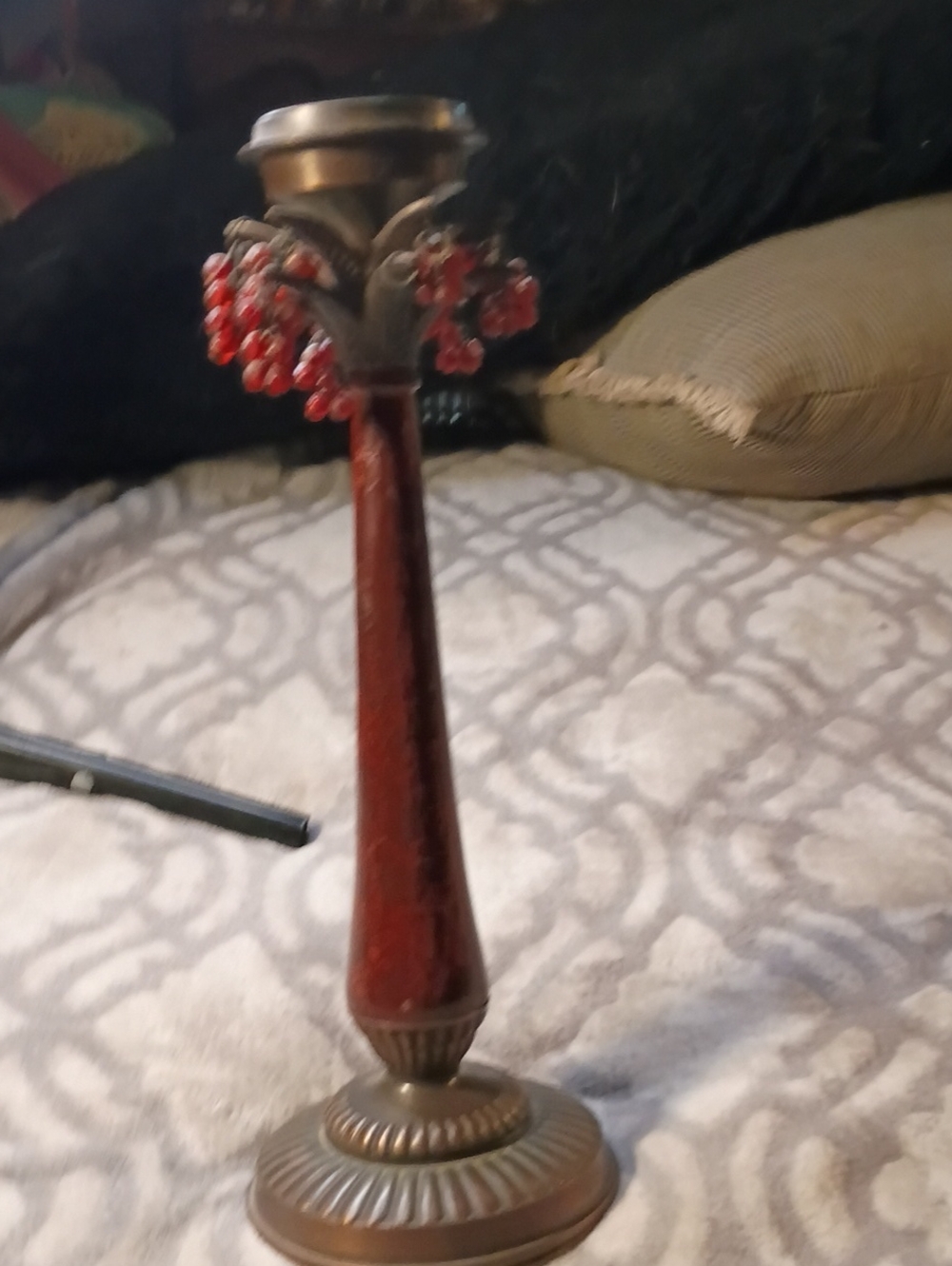 Source Unknown Red and Brass Beaded Taper Candle Holder